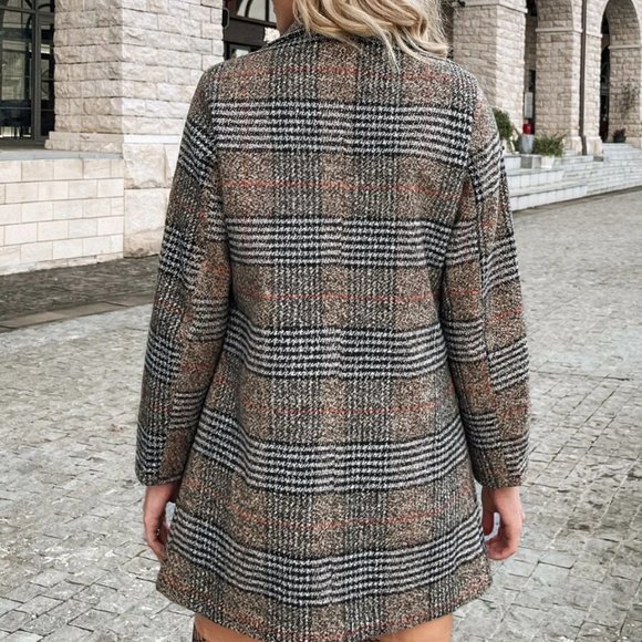 Chic Classy plaid double breast Overcoat Jacket Shacket Coat brown - Picture 4 of 6